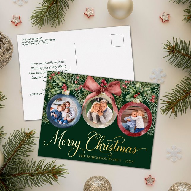 Elegant Christmas Family Photos Ornaments Green  Foil Holiday Postcard (Creator Uploaded)