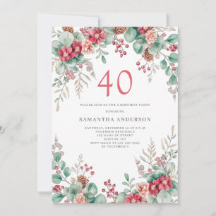 Elegant Christmas Floral 40th Birthday Party  Invitation