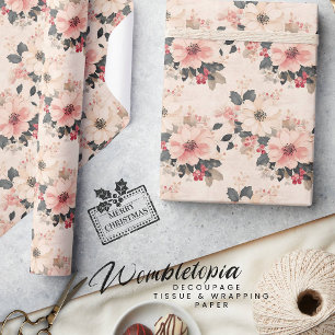 Elegant Christmas Floral & Berries Pastel Pink Wrapping Paper