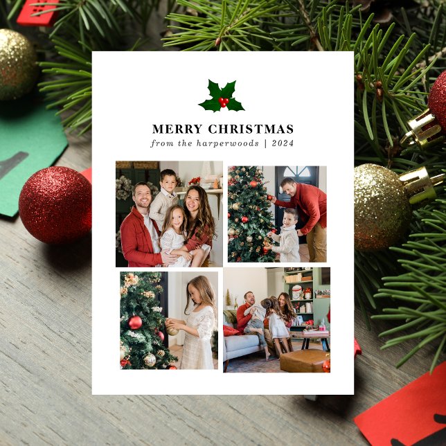  Elegant Christmas Floral Family Photo Collage Holiday Postcard (Creator Uploaded)