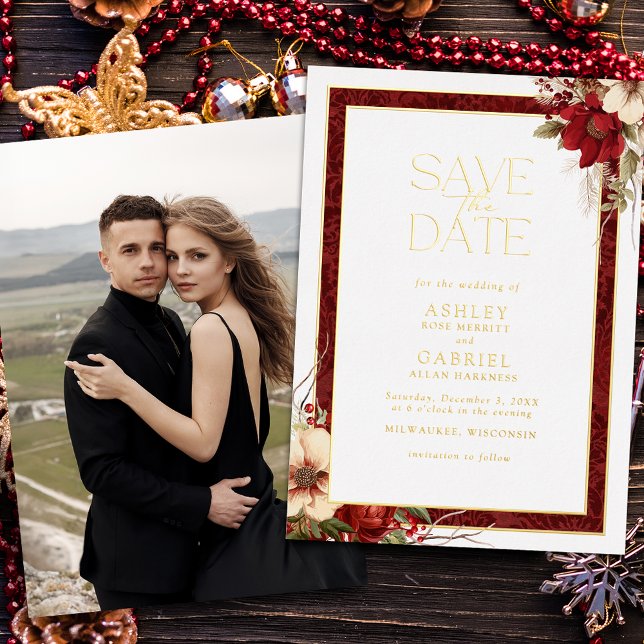 Elegant Christmas Floral Foil Save the Date (Creator Uploaded)