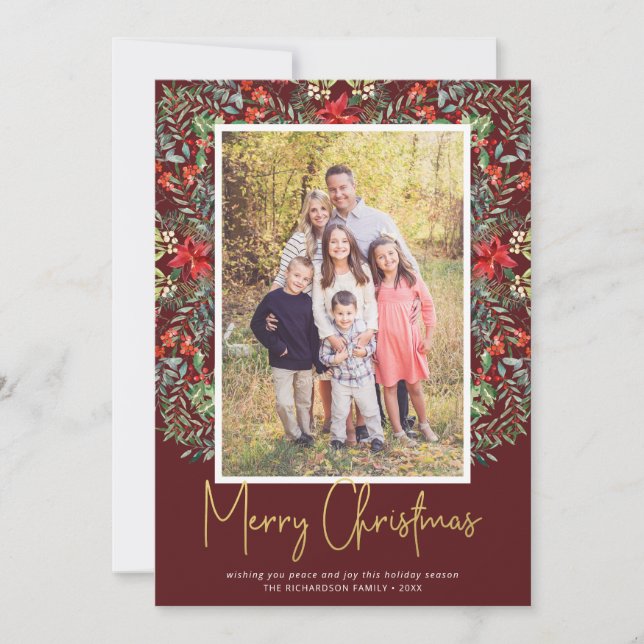 Elegant Christmas Floral Greenery Burgundy Photo Holiday Card (Front)