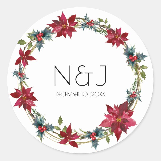 Elegant Christmas Floral Holiday Christmas Party Classic Round Sticker (Front)