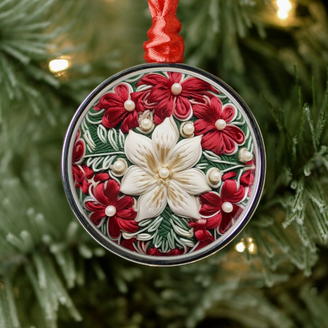 Elegant Christmas Floral Holidays Faux Embroidered Metal Ornament (Tree)