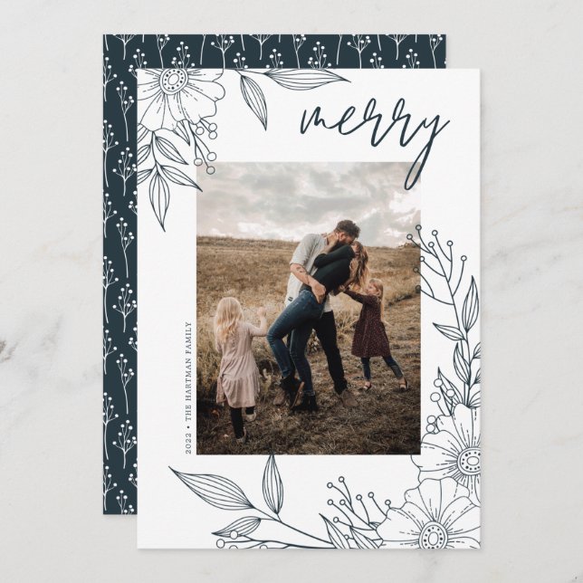 Elegant Christmas Floral Merry Blue Photo Holiday Card (Front/Back)