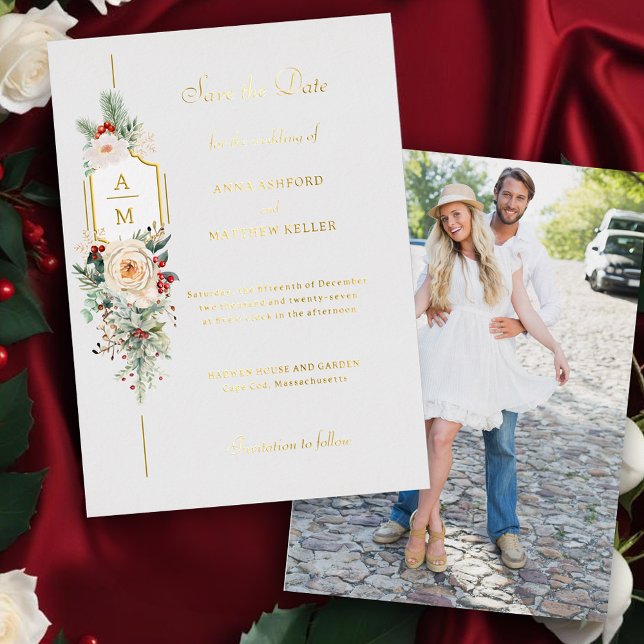 Elegant Christmas Floral Monogram Save the Date (Creator Uploaded)