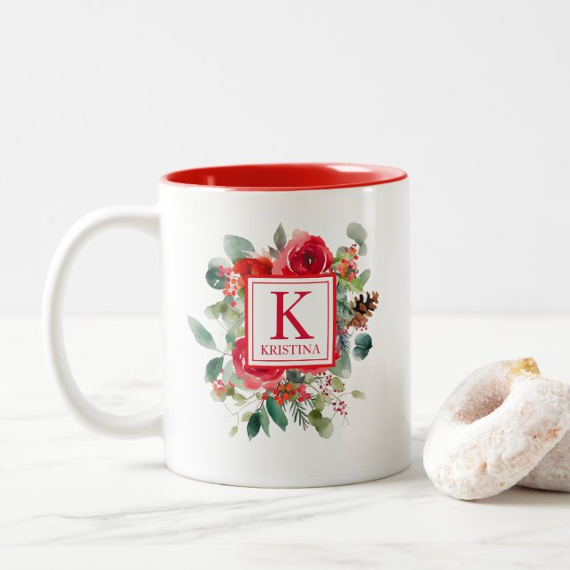 Elegant Christmas Floral Monogram Two-Tone Coffee Mug (With Donut)