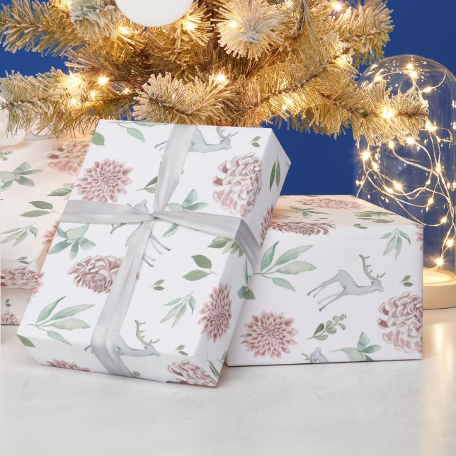 Elegant Christmas floral pattern with deer Wrapping Paper (Holidays)