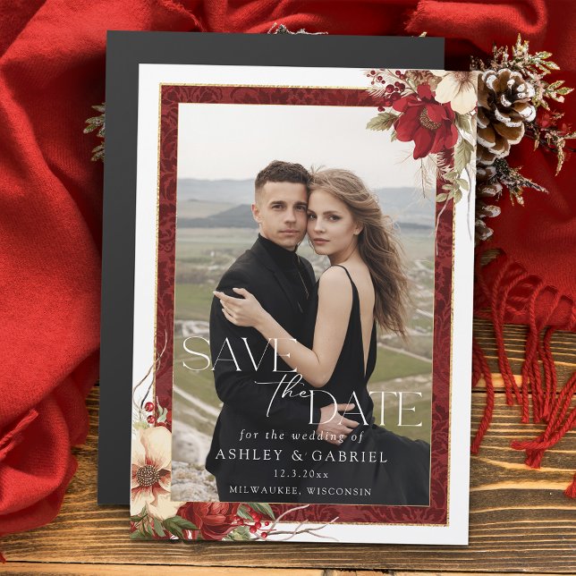 Elegant Christmas Floral Photo Save the Date Magnetic Invitation (Creator Uploaded)