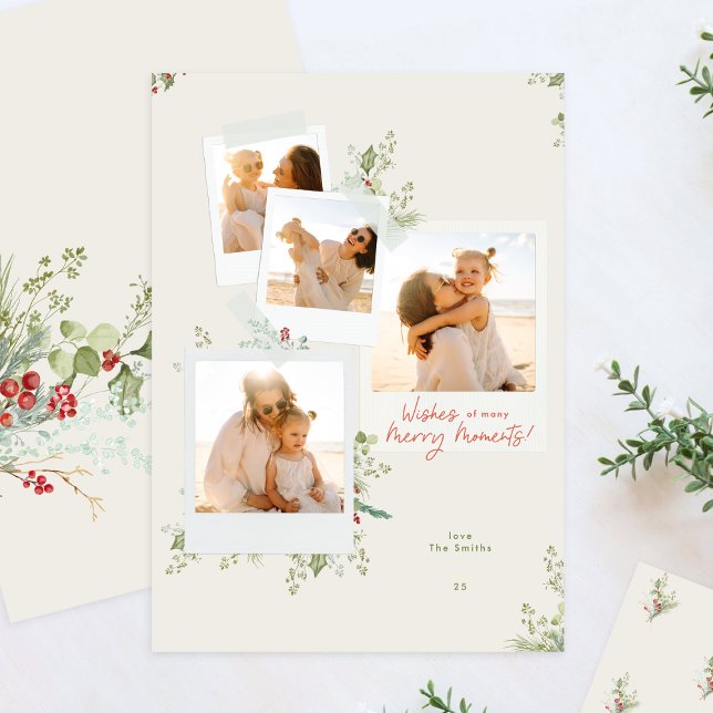 Elegant Christmas Floral Retro 4 Snapshot Photo Holiday Card (Creator Uploaded)