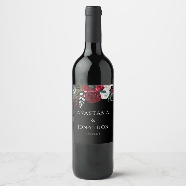 Elegant Christmas Floral Rose Holiday Wedding  Wine Label (Front)