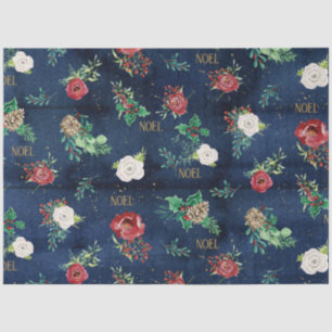 Elegant Christmas Floral w Noel Gold Navy Wood Tissue Paper