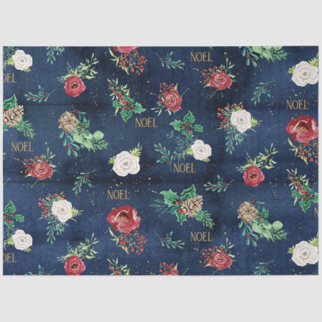 Elegant Christmas Floral w Noel Gold Navy Wood Tissue Paper (Front)