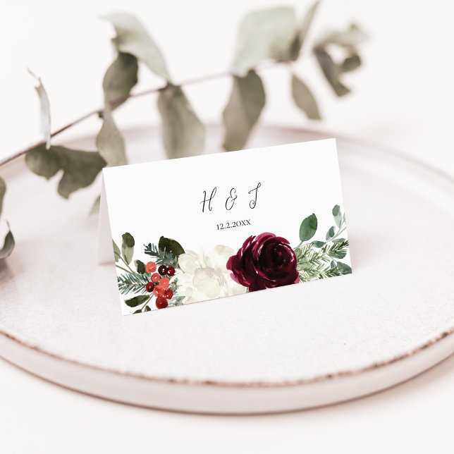 Elegant Christmas Floral Wedding Place Card (Creator Uploaded)