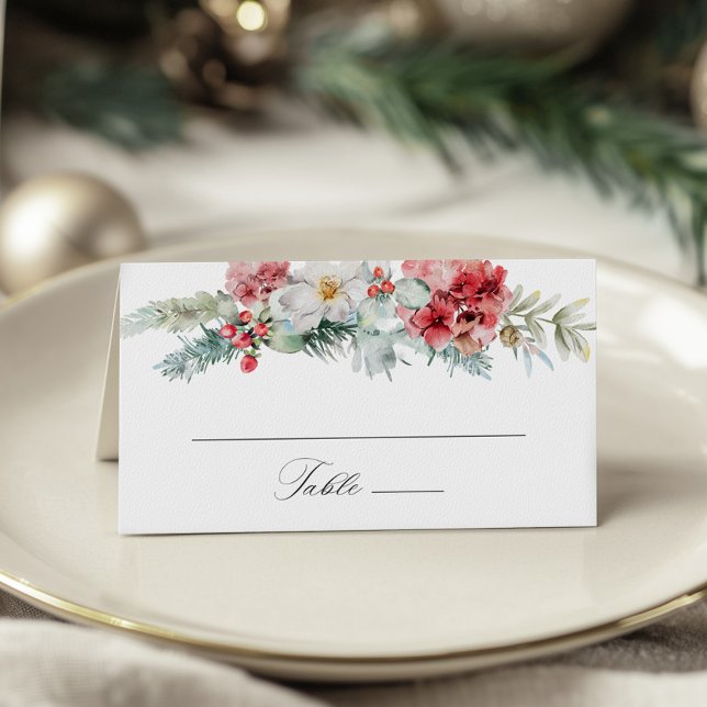 Elegant Christmas Floral Winter Wedding Place Card (Creator Uploaded)