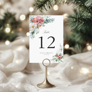 Elegant Christmas Floral Winter Wedding Table Number