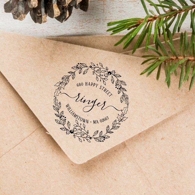 Elegant Christmas Floral Wreath Address Rubber Stamp (Elegant Christmas Floral Wreath Address Rubber Stamp)