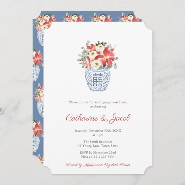 Elegant Christmas Flowers And Greenery Engagement Invitation (Front/Back)