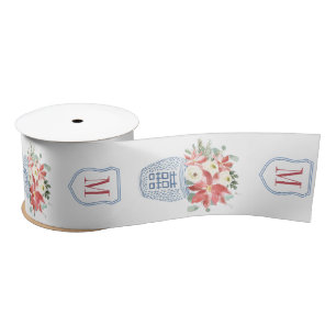 Elegant Christmas Flowers Chinoiserie Monogrammed Satin Ribbon