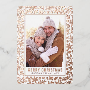 Elegant Christmas Foliage 2 Photo Rose Gold Foil Holiday Card