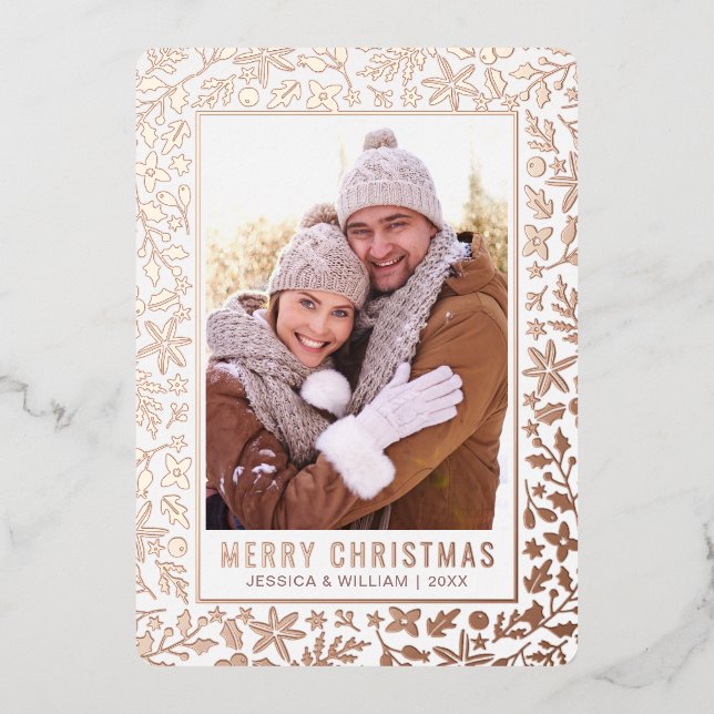 Elegant Christmas Foliage 2 Photo Rose Gold Foil Holiday Card (Front)
