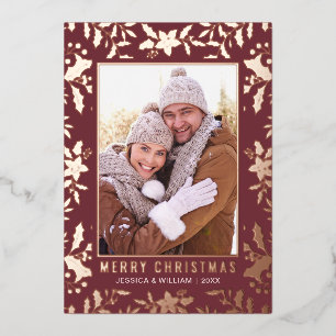 Elegant Christmas Foliage 2 Photo Rose Gold Foil Holiday Card