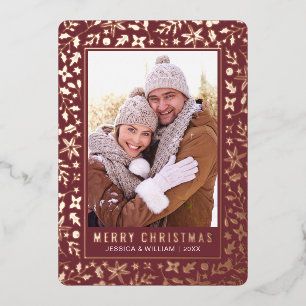 Elegant Christmas Foliage 2 Photo Rose Gold Foil Holiday Card
