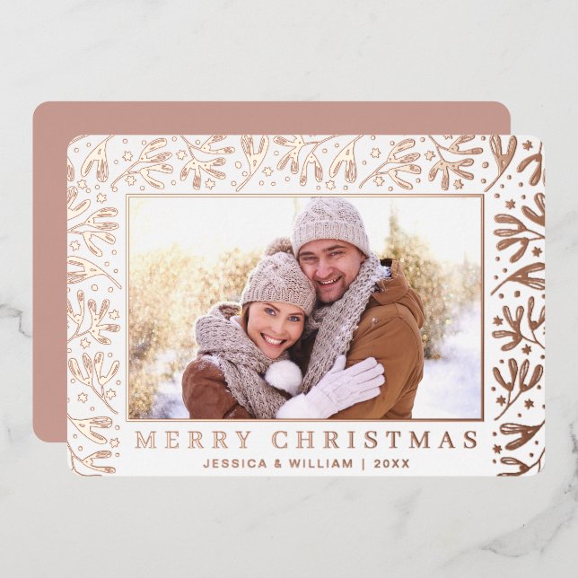 Elegant Christmas Foliage 2 Photo Rose Gold Foil Holiday Card (Front/Back)