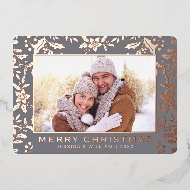 Elegant Christmas Foliage 2 Photo Rose Gold Foil Holiday Card (Front)