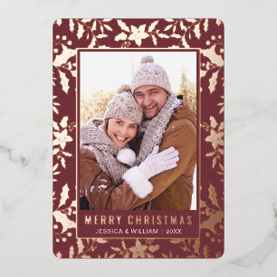 Elegant Christmas Foliage 2 Photo Rose Gold Foil Holiday Card