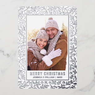 Elegant Christmas Foliage 2 Photo Silver Foil Holiday Card