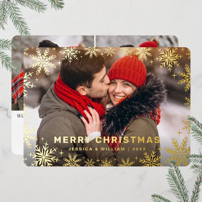 Elegant Christmas Foliage 3 Photo Gold Foil Holiday Card (Creator Uploaded)