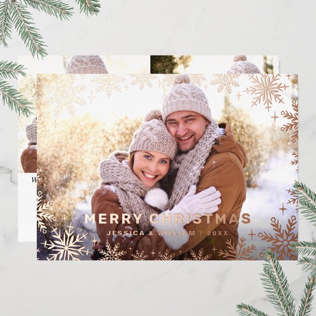 Elegant Christmas Foliage 3 Photo Rose Gold Foil Holiday Card (Creator Uploaded)