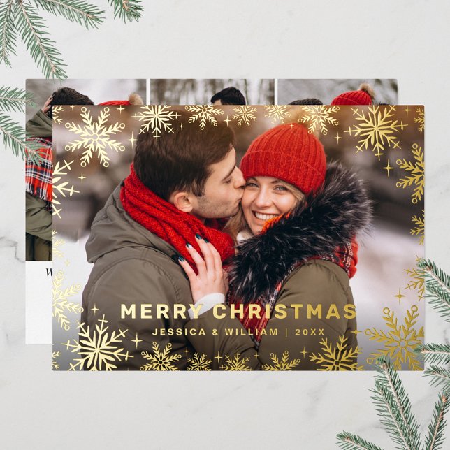 Elegant Christmas Foliage 4 Photo Gold Foil Holiday Card (Creator Uploaded)