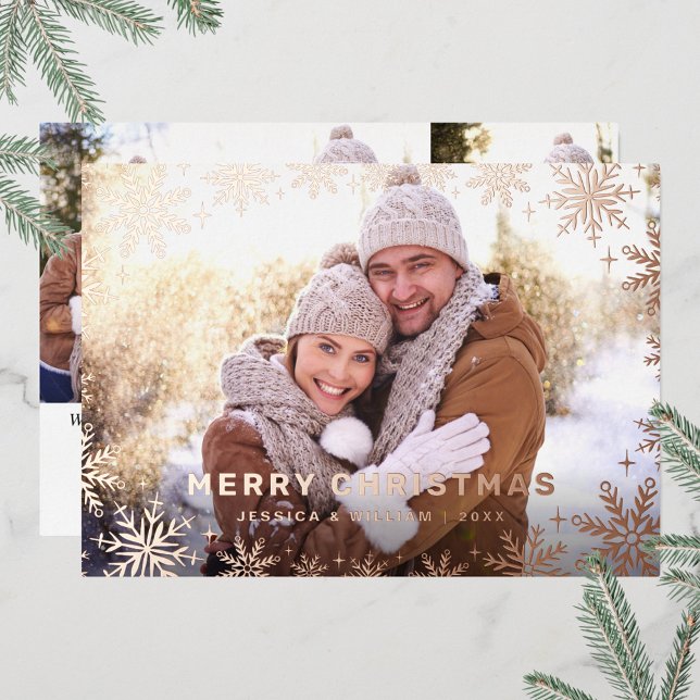 Elegant Christmas Foliage 4 Photo Rose Gold Foil Holiday Card (Creator Uploaded)