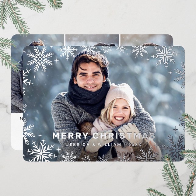 Elegant Christmas Foliage 4 Photo Silver Foil Holiday Card (Creator Uploaded)