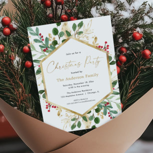 Elegant Christmas foliage greenery red gold Invitation