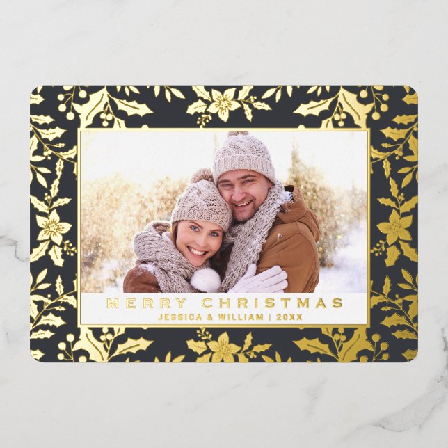 Elegant Christmas Foliage Photo Gold Foil Holiday Card (Front)