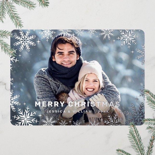 Elegant Christmas Foliage Photo Silver Foil Holiday Card (Creator Uploaded)