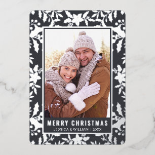 Elegant Christmas Foliage Photo Silver Foil Holiday Card