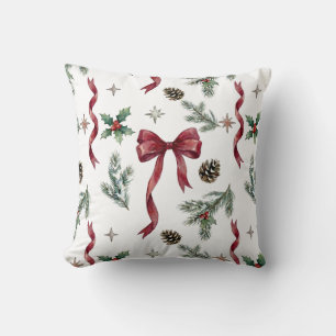 Elegant Christmas Gift Bow Ribbon Botanical Cushion