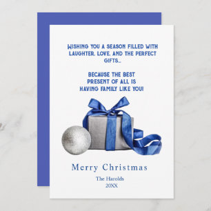 Elegant Christmas Gift Box with Blue Ribbon Holiday Card