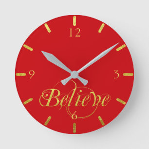 Elegant Christmas Gold Foil Script Believe Round Clock