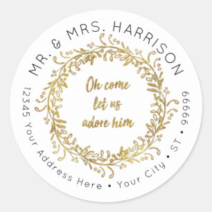 Elegant Christmas Gold Glitter Leaf Foliage Wreath Classic Round Sticker