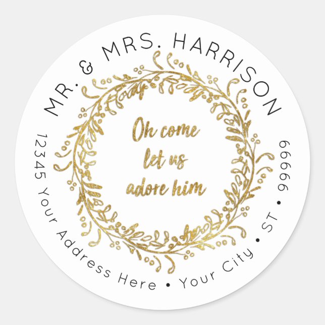 Elegant Christmas Gold Glitter Leaf Foliage Wreath Classic Round Sticker (Front)