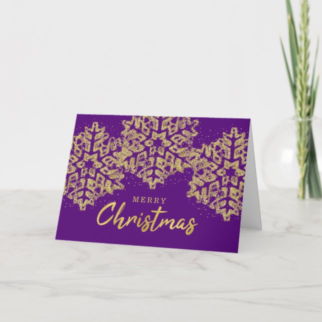 Elegant Christmas Gold Glitter Snowflakes Purple Holiday Card (Front)