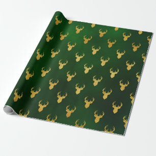 Elegant Christmas Gold Green Reindeer Pattern Gift Wrapping Paper