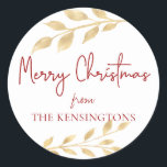 Elegant Christmas Gold Leaves Typography Classic Round Sticker<br><div class="desc">Elegant Christmas Gold Leaves Typography Holiday Sticker Labels. Designed to complement our Elegant Gold Leaves Christmas collection,  these label stickers feature a stylish typography greeting and modern gold foil style botanical leaves.</div>