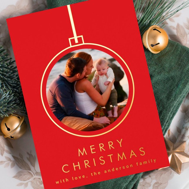 elegant christmas gold tree ornament red two photo foil holiday card (Creator Uploaded)