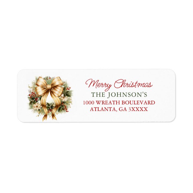 Elegant Christmas Gold Wreath Happy Holidays Return Address Label (Front)